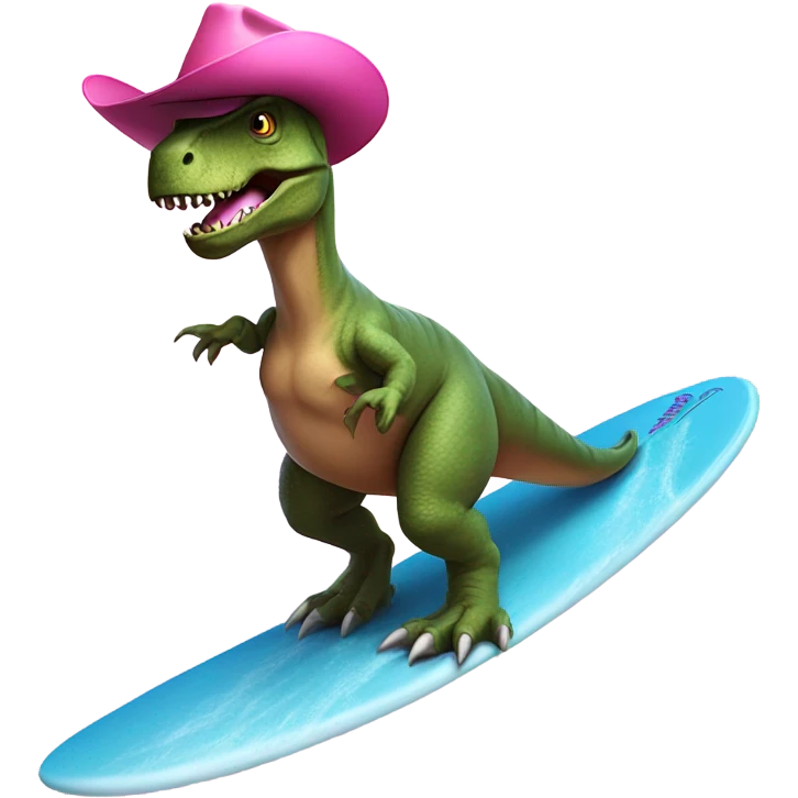 T-rex riding a surfboard with a pink cowboy hat on emoji