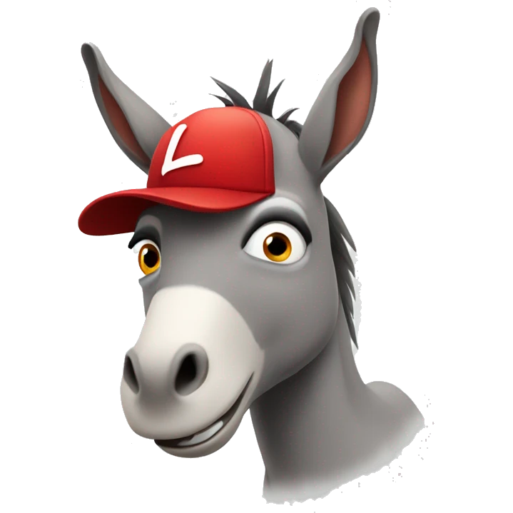 a donkey wearing a red cap with a scared expression and making the letter L with his hand emoji