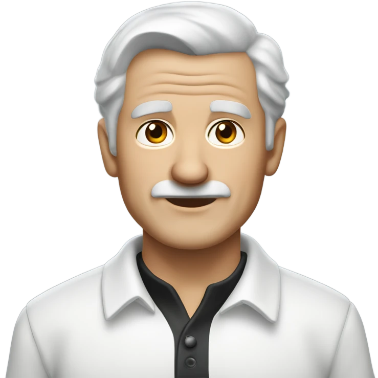 old english man, grey hair, no facial hair. wearing a white smart polo shirt with black buttons. emoji