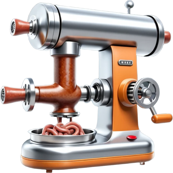 sausage-processing droid. retro-futuristic style. top is a circular industrial meat grinder with rotating gears and blades. Two robotic arms feed material into grinder. Sausage links extrude from the rear like  factory. The body is metallic, compact, and floats above the ground.no legs. Dark humor emoji