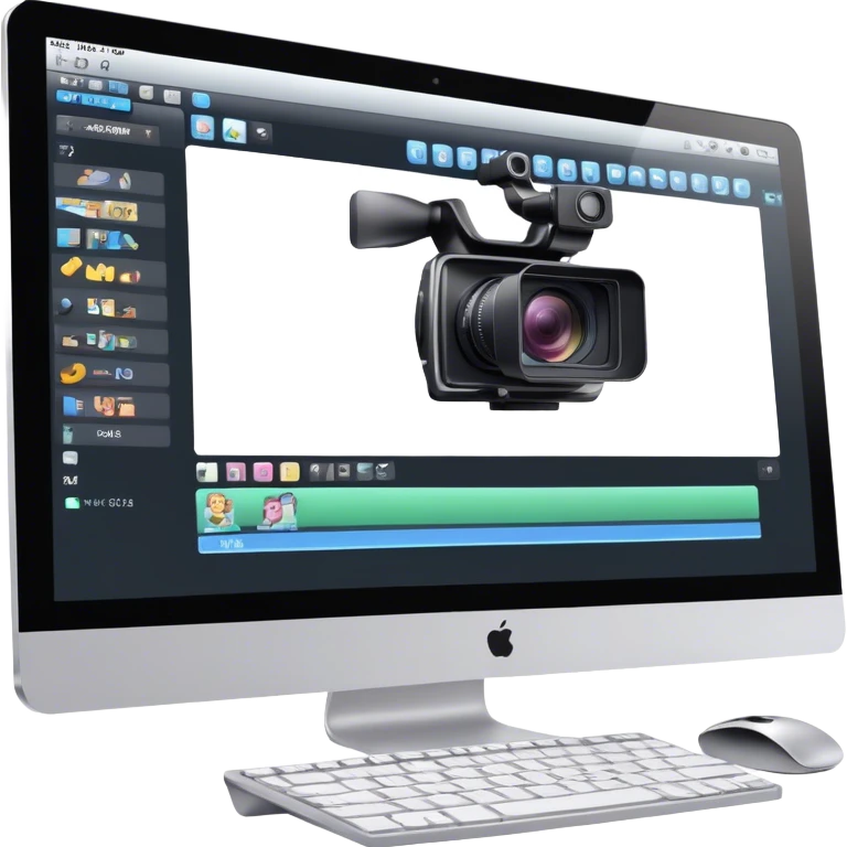 Create an emoji of video editing. Should feature a video editing timeline or interface on a computer screen, showing clips and a playhead. Include a video camera and editing tools. No smiley faces. Make the background transparent. emoji