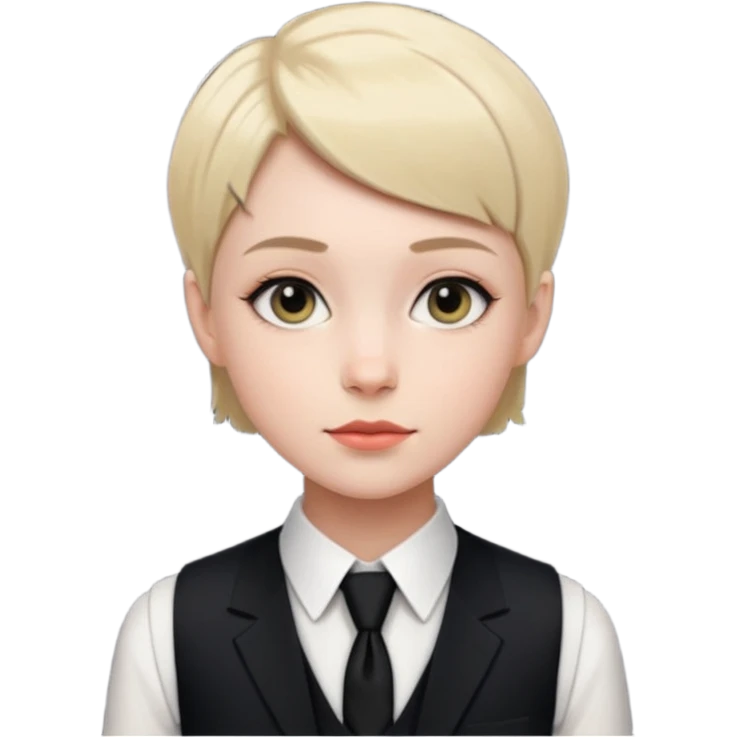 pale girl who has very short hair, formal wear with black tie and a vest emoji