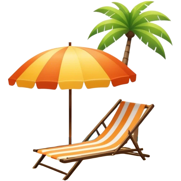 Vibrant Icon for Beach Tourism: a sunny beach with the sea, a lounge chair, a sun umbrella, and flip-flops. The icon should capture the essence of a relaxing beach vacation with a carefree atmosphere. Transparent background. emoji