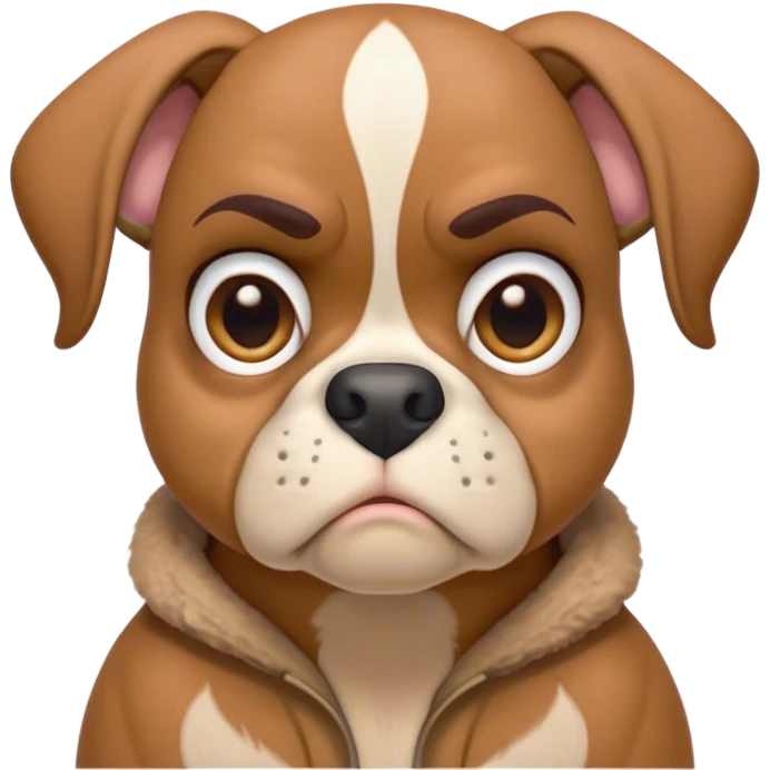 Cinematic Grumpy Fawn Boxer Portrait Emoji, Head tilted slightly with a deeply unimpressed expression, showcasing a robust fawn coat with a prominent white muzzle and chest, large, droopy brown eyes narrowed into an unamused glare, ears slightly drooping in exasperation, Simplified yet comically expressive features, highly detailed, glowing with a dry, sarcastic glow, high shine, effortlessly judgmental yet dignified, stylized with a touch of cynicism, bright but brooding, soft glowing outline, capturing the essence of an eternally unimpressed yet endearing guardian, so lifelike it feels like it could sigh heavily at you in disdain at any moment! emoji