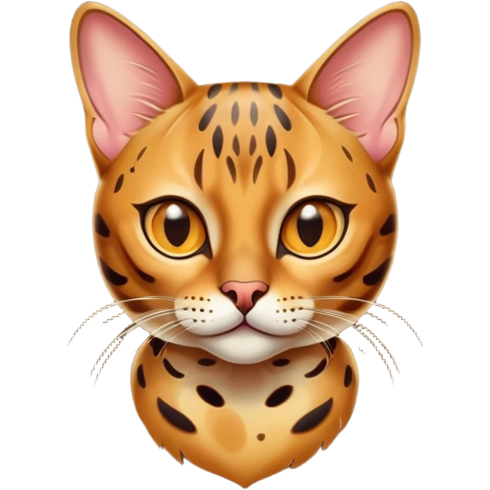 Cinematic Bengal Cat Portrait Emoji, Elegant and striking, sleek spotted brown and gold tones, Simplified yet sharp features, highly detailed, glowing with a warm, confident glow, high shine, playful and curious, stylized with an air of grace, focused and attentive, soft glowing outline, capturing the essence of agility and confidence, so lifelike it feels as though it could spring into motion at any moment! emoji