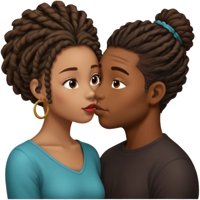 black boy with dreadlock kissing black girl with curly bun emoji