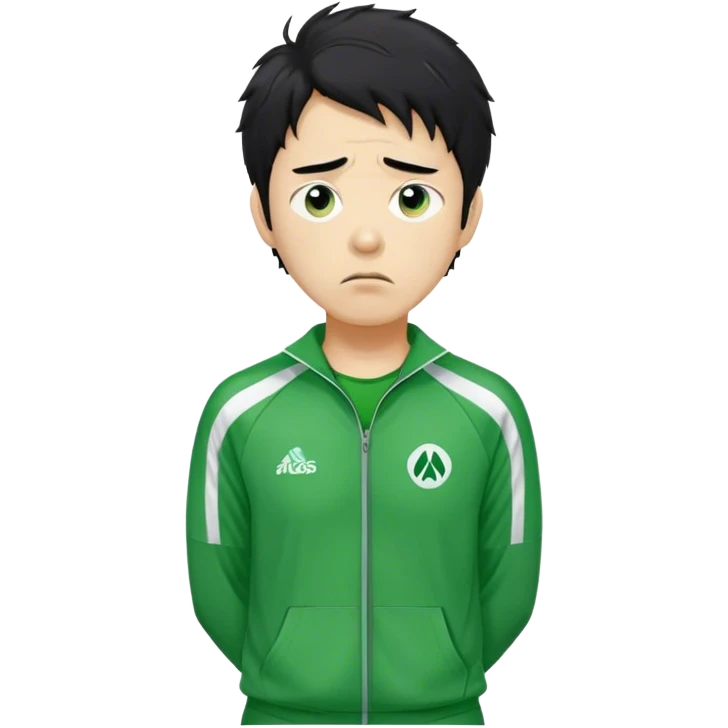 Seong Gi-hun : age 45, A tall, slim man with messy, unkempt black hair and tired eyes, showing signs of stress, Green player tracksuit,  emoji