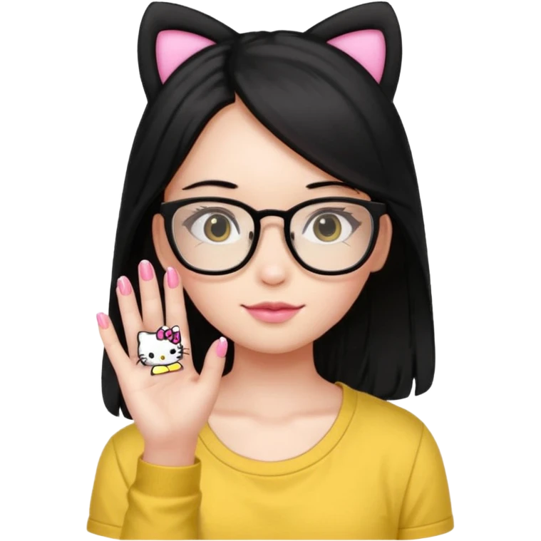 Nails cute hello kitty wear glasses black long  hair wear yello shirt emoji