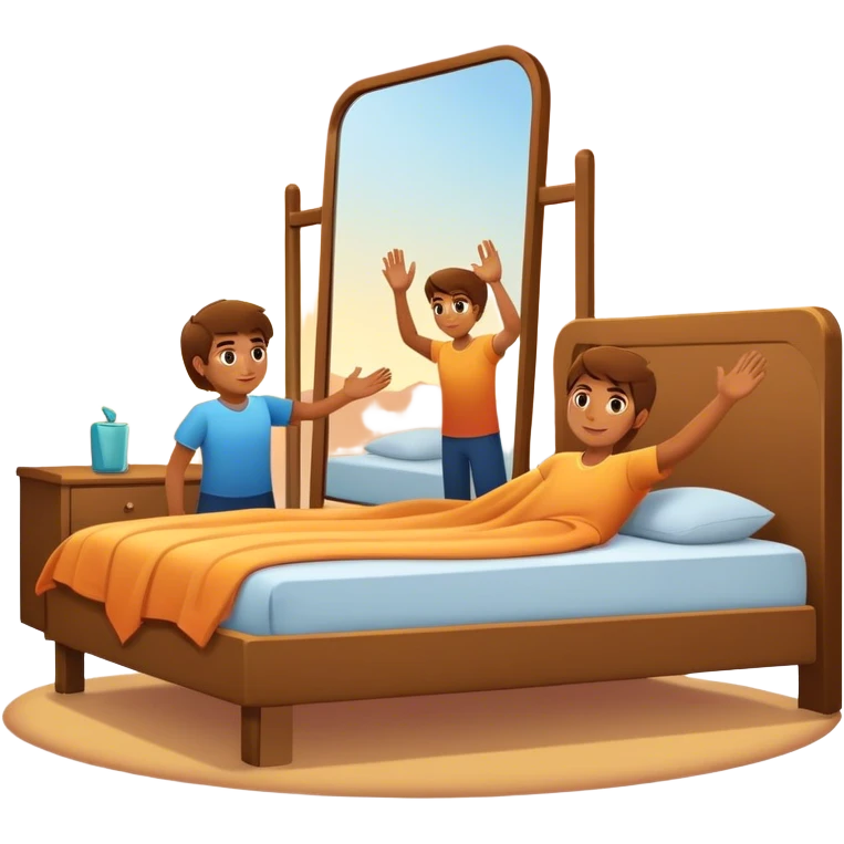A person stands beside their bed, rolling out groggily with determination. The bed behind them is neatly made, a mirror in front of them shows them high-fiving their reflection. A glowing sunrise outside signals the start of a productive day. emoji