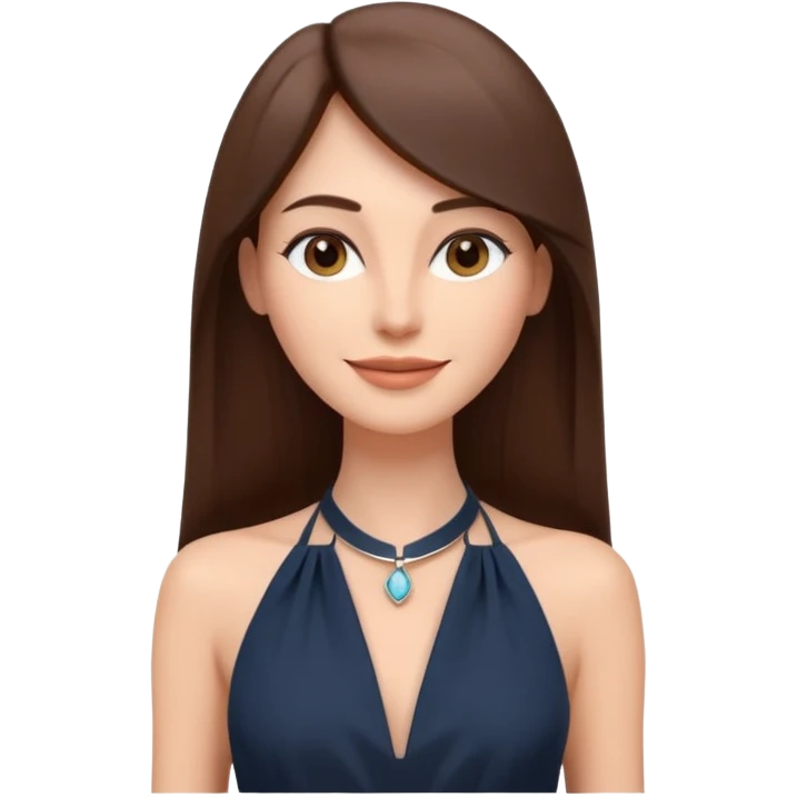 emoji-style illustration of a stylish pretty happpy woman with long straight brown hair, wearing a dark halter neck dress, elegant and minimalistic look, front-facing, soft 3D cartoon rendering, plain background emoji