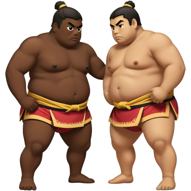 Cinematic Realistic Sumo Wrestling Emoji, depicted as an intense sumo match featuring powerful wrestlers in traditional mawashi, rendered with rich textures and dynamic dramatic lighting that captures the raw intensity of the sport. emoji