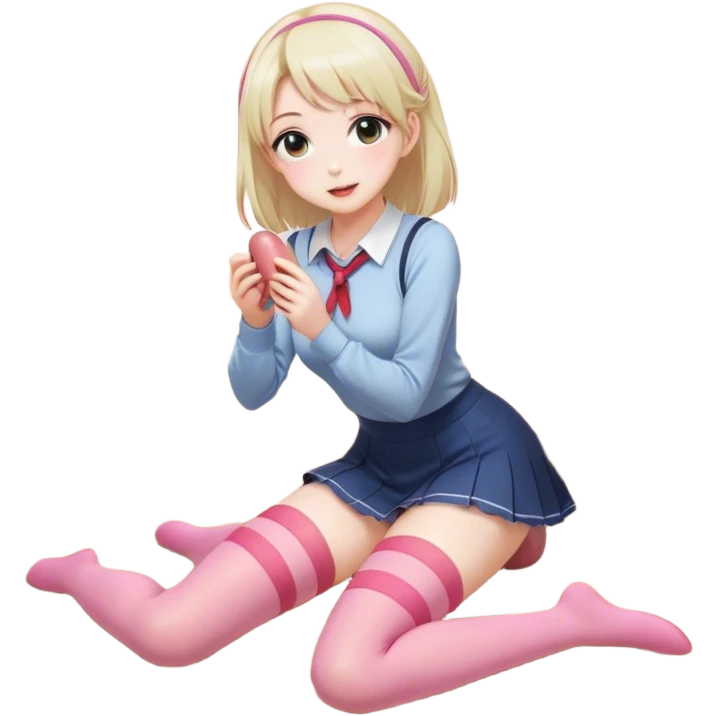 Anime girl in thigh-high stockings, kneeling on the floor while reaching for a pink sausage. Her pose is cute and slightly playful, with a soft and charming expression. She wears a casual yet stylish outfit, and the scene has smooth shading with a warm and inviting atmosphere. emoji