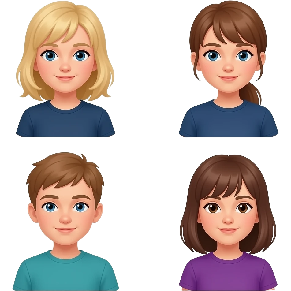 Older Girl light blonde hair blue eyes + girl with light brown hair in ponytail with bangs blue eyes dark blue t-shirt + boy light brown hair blue green t-shirt + girl dark Brown shoulder length hair brown eyes purple t-shirt emoji