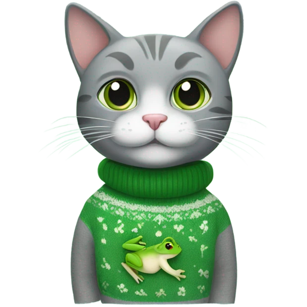 grey cat with green frog sweater emoji