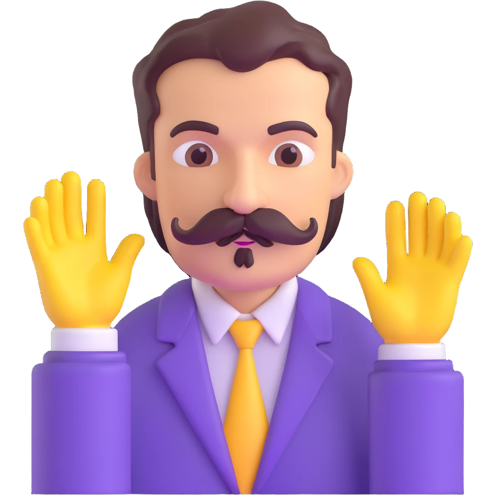 Man with mustache and purple hands emoji