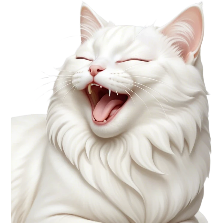 Cinematic Cute Yawning White Cat Portrait Emoji, Head gently tilted with an endearing, wide-open yawn and softly closed eyes, showcasing a pristine white fur with delicate hints of silver, simplified yet irresistibly adorable, highly detailed, glowing with a tender, cozy radiance, high shine, exuding sleepy charm and gentle affection, styled with a soft glowing outline, capturing the essence of a white cat caught mid-yawn, radiating pure, adorable lethargy! emoji
