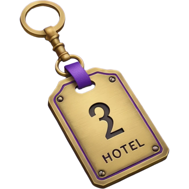antique brass hotel key with large purple leather room number tag emoji