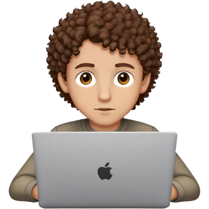 male with brown eyes and very short brown curly hair with a fade, focused on a laptop emoji