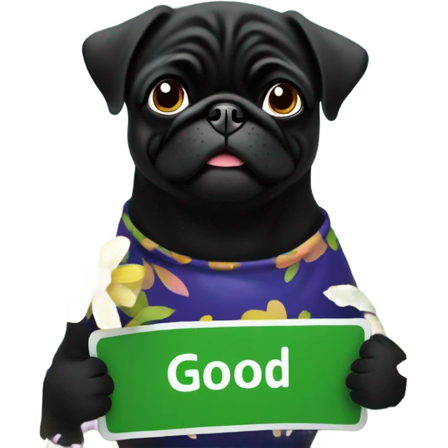 Black pug , surrounded by flowers, holding a green sign that says “good luck”  emoji