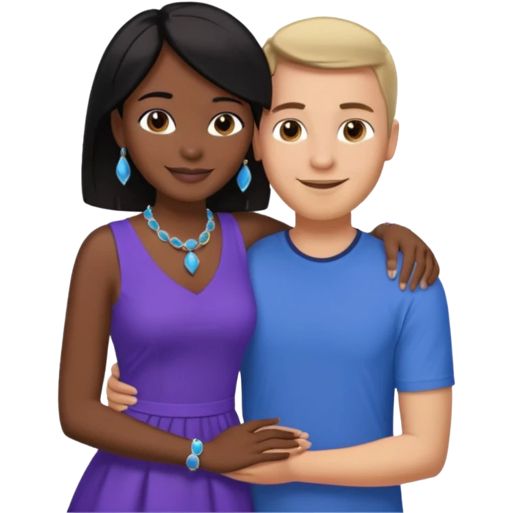 smiling embracing interracial couple. man is tan and has short brown straight hair he is wearing blue. woman has very dark black skin and long dark black hair. she is wearing purple and has matching blue jewelry on emoji