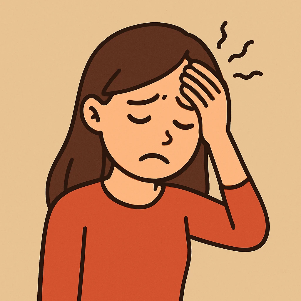 flat toon style sad girl with headache, hand on head, simple background emoji