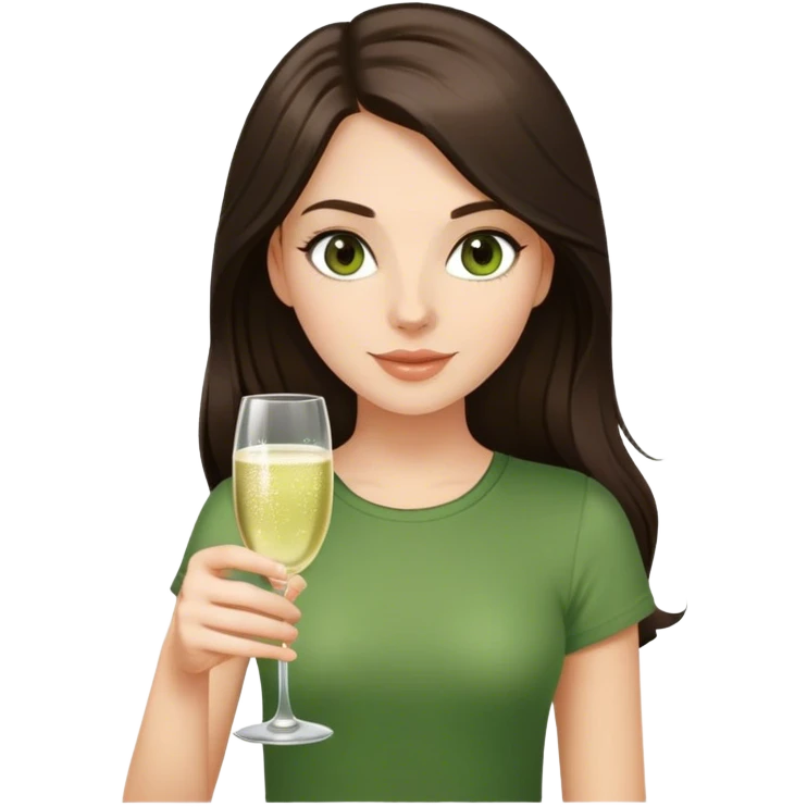 White girl with long dark brown hair and a green top and brown eyes with glass of champagne  emoji