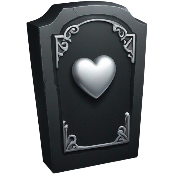 a black tombstone in silver RIP and a silver heart emoji