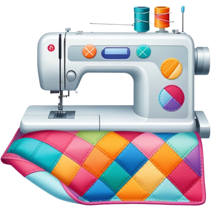 Patchwork and quilting icon, colorful fabric patches sewn together in a quilt pattern, sewing needle and thread, quilting tools like rotary cutter and quilting hoop, minimalistic style, clean lines, transparent background. emoji