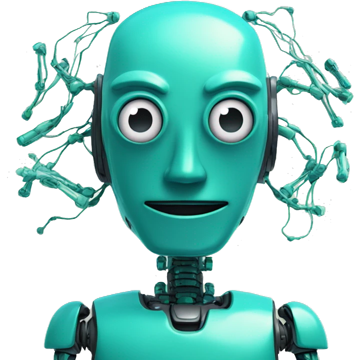teal colored friendly robot with synapses around his head symbolizing AI emoji