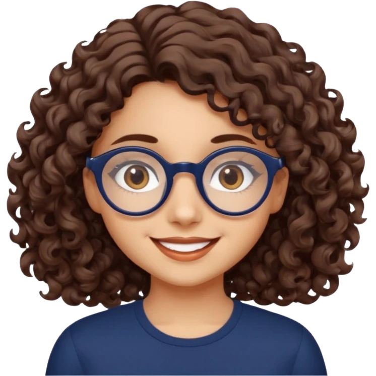 medium fair-skinned girl with brownish hazel eyes, roundish ovalish dark navy glasses, wavy curly choco brown hair, smiling emoji