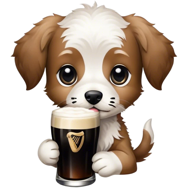 Puppy. Jackapoo. White face. Black pointy floppy ears. Black circles around eyes. Holding a Guinness.  emoji