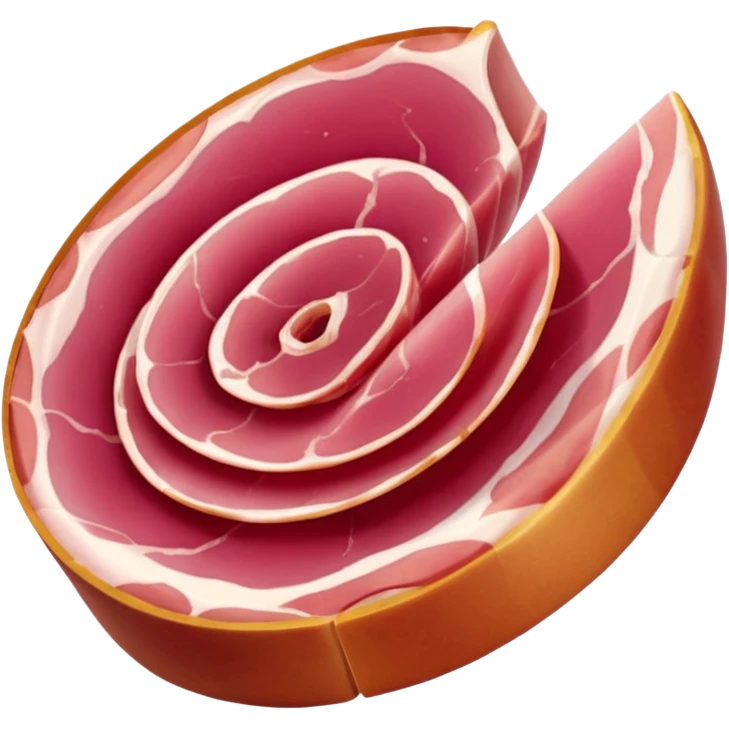 cured ham slices thin folded two to three, deep pink to reddish, marbled with white fat, smooth, slightly translucent, soft curls at edges, tender air-dried, apple emoji style, soft lighting, emoji scale emoji