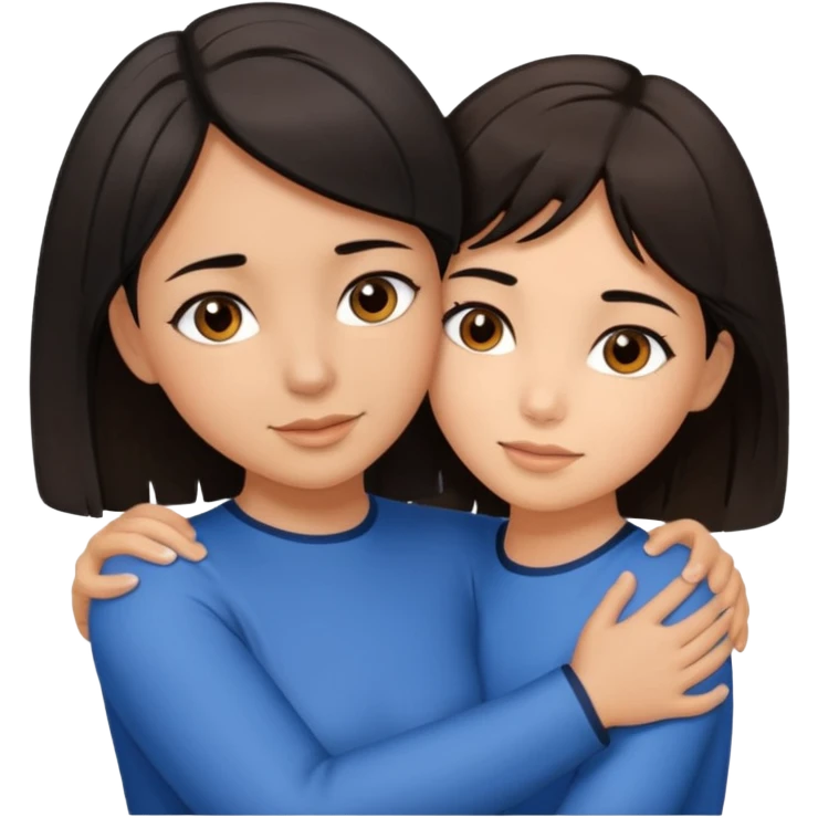 a brown-eyed brunette hugs a brown-eyed girl with a bob and black hair, and the strands are blue emoji
