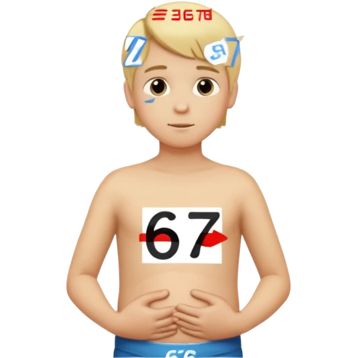 Boy, blonde hair with two hands stomach up saying 67 emoji