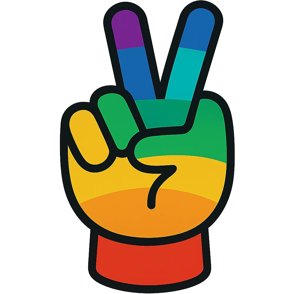 Increase blue and purple colors in the rainbow theme of the hand peace sign, keep the vibrant toon style, no background. emoji
