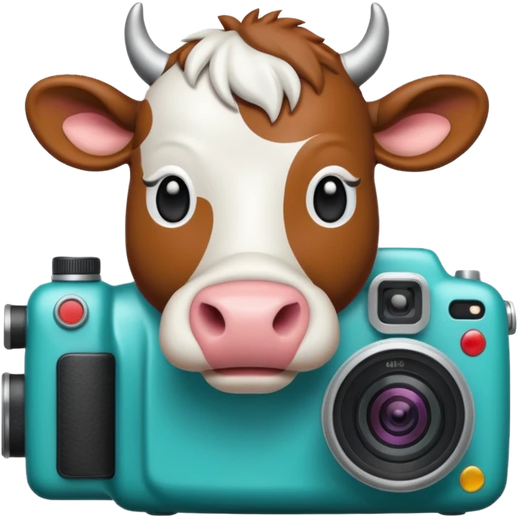 Emoji-style icon showing a cow and buffalo with a camera and image-upload symbol, representing taking a photo or selecting a file for breed detection. Simple, friendly, rounded design, clear at small sizes, teal and white accents, no text, transparent background. emoji