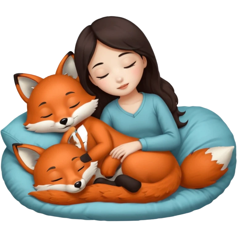 A Chinese girl sleeping with a fox stuff toy next to her bed emoji