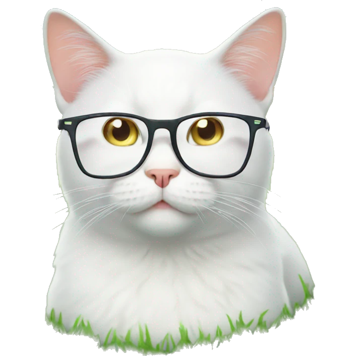 white cat with glasses on the grass emoji