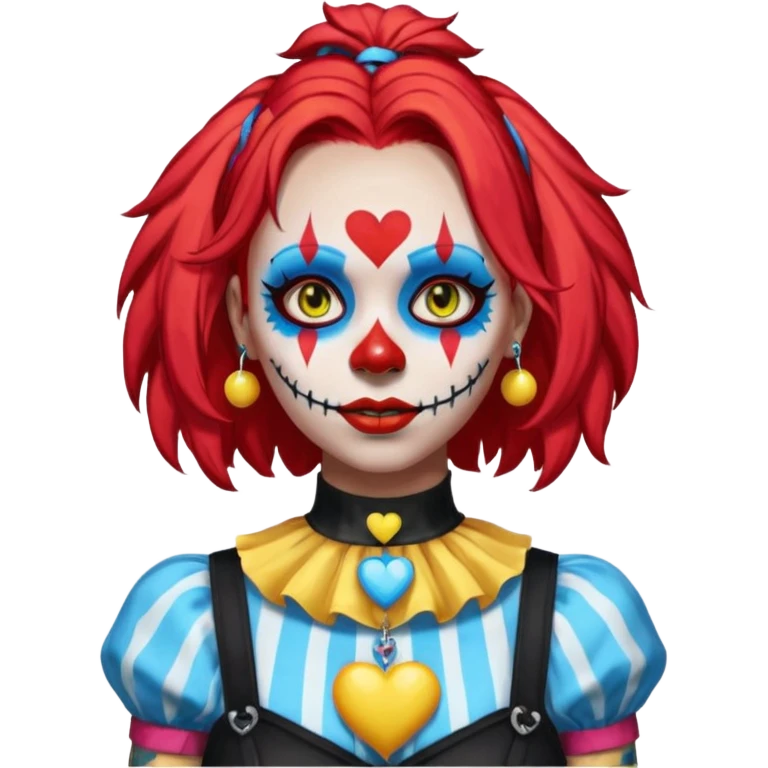 wendy thomas  the clown from gta rp nopixel she has a blue sun on covering right eye with three yellow lines below her right eye and above her left eye. she has long bright red hair and light blue eyes with ablack heart choker and black bunny ears. with a skeleton shirt emoji