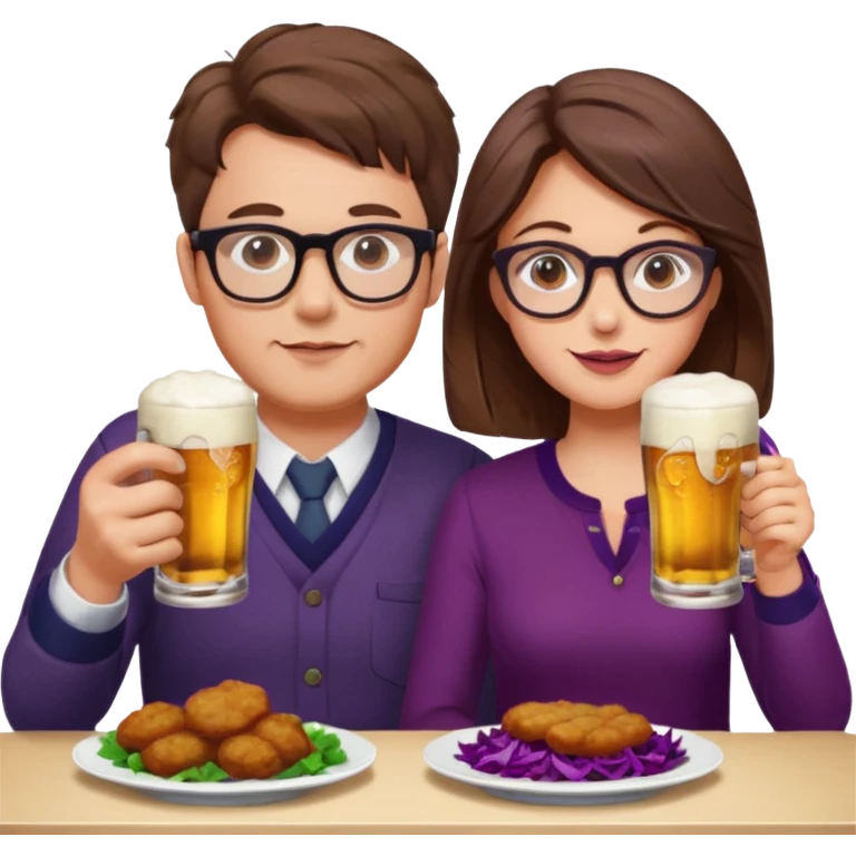 German man with glasses and brown hair and woman with glasses and brown hair eating schnitzel, red cabbage, potatoes, and drinking a beer emoji
