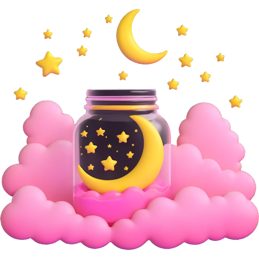 A jar with a pink liquid, a yellow crescent moon, pink clouds, and golden stars emoji