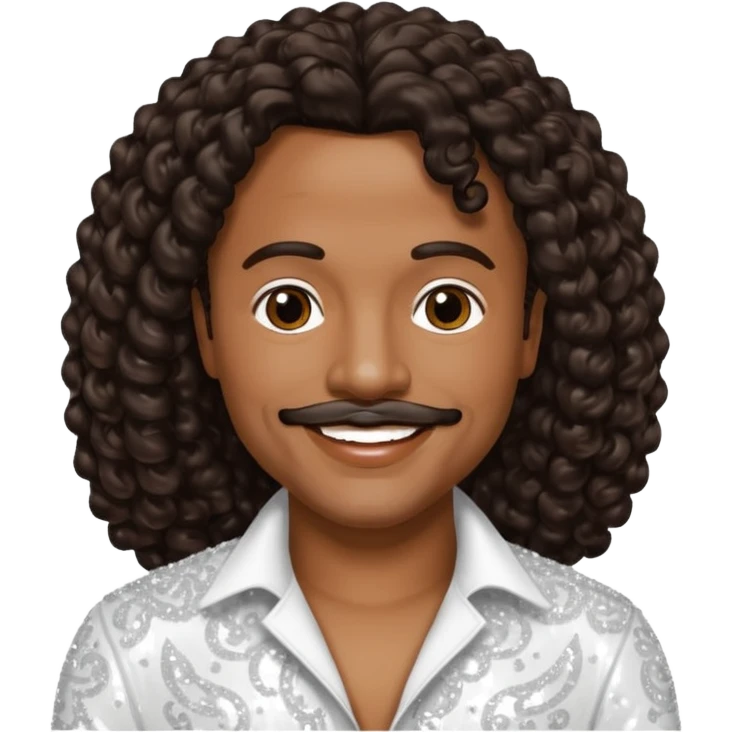 Howard Hewett with long dark brown jeri curl hair, white sequin outfit emoji