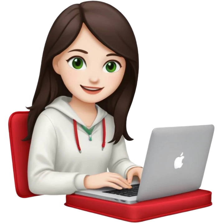 Long dark brown haired, white skinned, dark green eyed girl in white clothes girl sitting in macbook with a red case  emoji