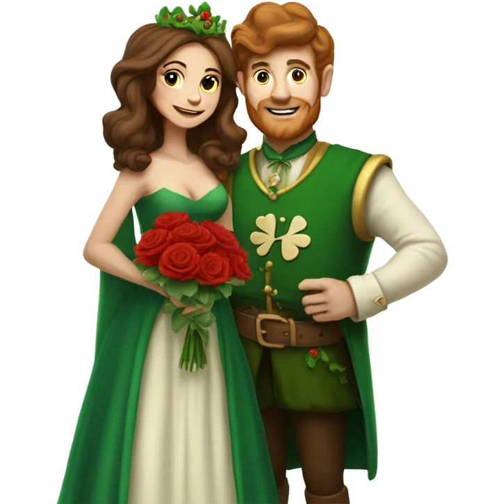 Short leprechaun giving red roses and clovers to tall brown haired queen emoji