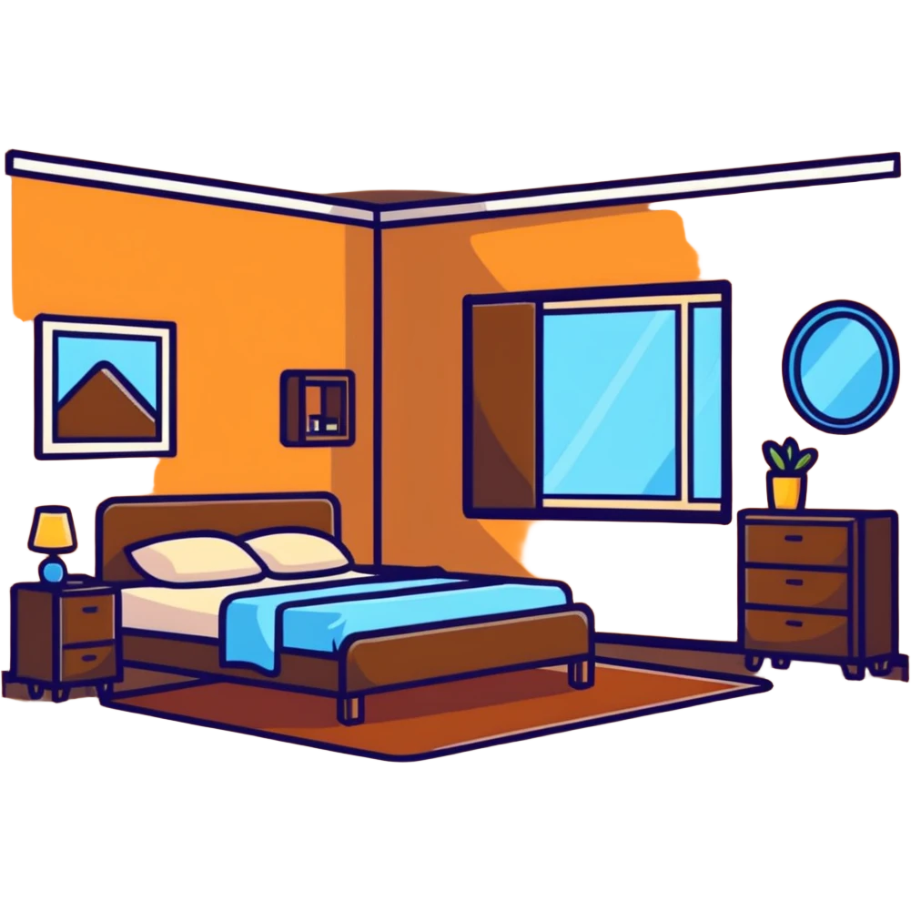 cute bedroom with cream colored walls, wooden bed frame, wooden shelves, fluffy rug, plants emoji