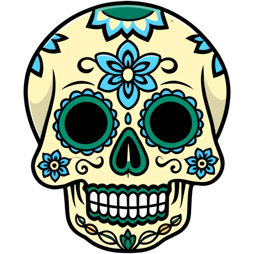 decorated sugar skull in Milwaukee Bucks team colors (dark green, cream, and light blue) emoji