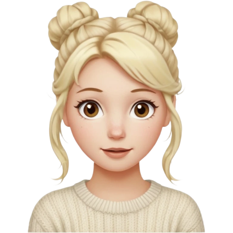 blonde hazel eyes woman with a white cable knit sweater and one messy bun with tendrils of hair flowing down her face and she is happy pale, some freckles, blush. she has a cateye wing and long lashes emoji