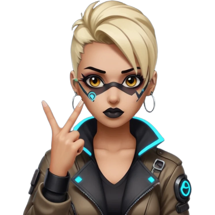 Woman with her tongue out in cyberpunk clothing and giving the middle finger. Looking naughty. emoji