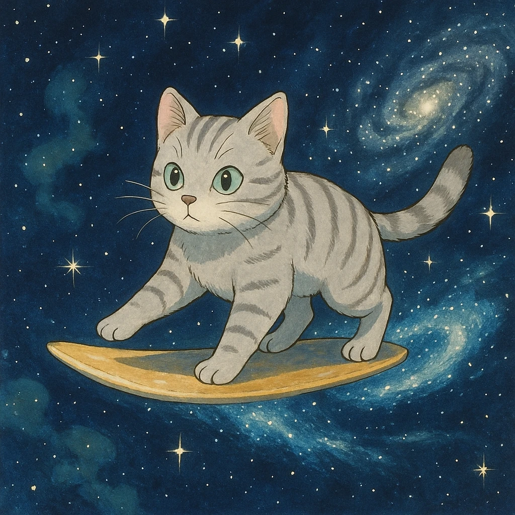 silver cat surfing in outer space, anime style emoji