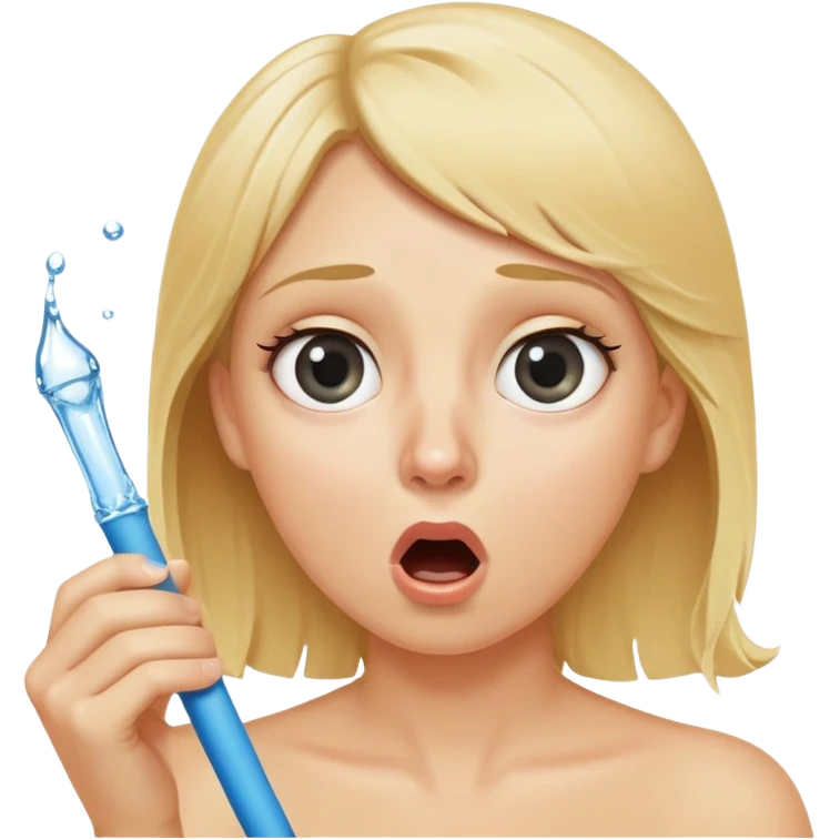blond woman with wide eyes holding a wide skin-colored stick with a D-shaped knob, knob with skin texture, water squirting from flat side of knob into her mouth, shocked face emoji